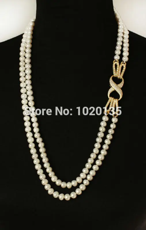 

2rows freshwater pearl white near round 8-9mm necklace unique clasp beads
