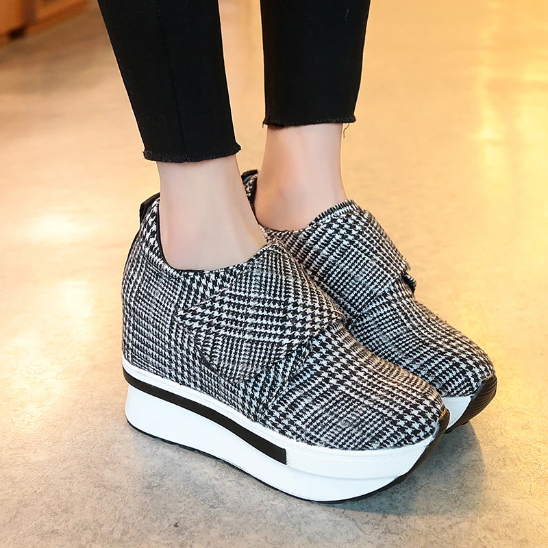 

Platform Ankle Boots for Women 2020 Spring Autumn Gingham Platform Height Increasing Shoes Woman Casual Creepers Sneakers Shoes