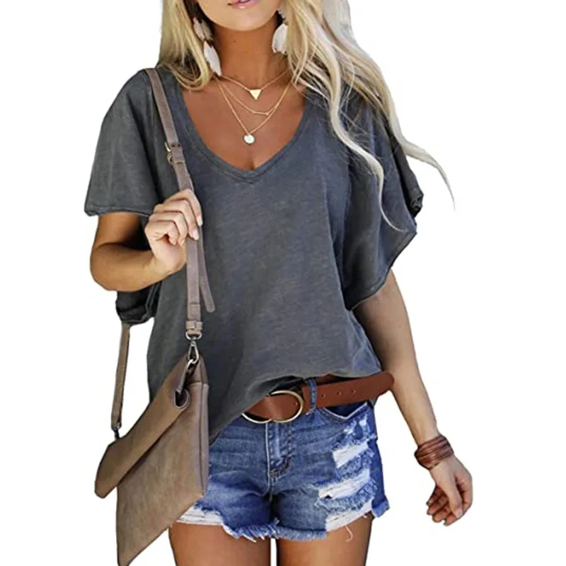 

2021 New Summer Women's Tops V-Neck Cotton T Shirts Solidcolor Short Sleeve Tees Casual Loose Pius Size Femmel T-Shirt