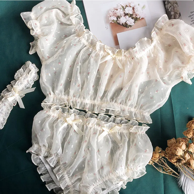 Женское сексуальное нижнее белье Babydoll цветочный милый искушение ультра-тонкий марлевый плиссированный с открытыми плечами рукава ноги кольцо сексуальная пижама
