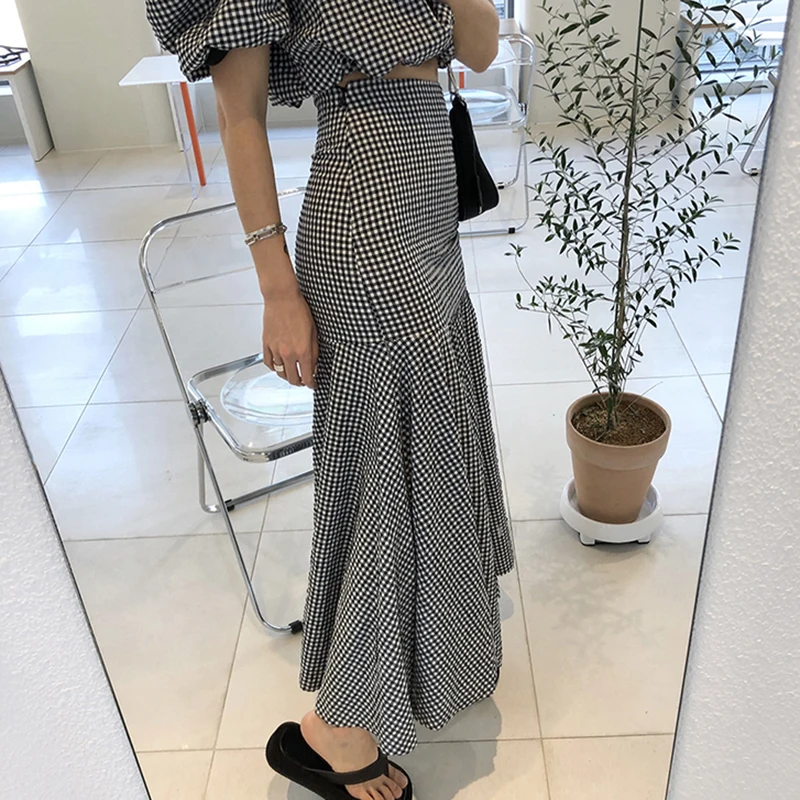 GALCAUR Plaid Two Piece Set Women O Neck Puff Short Sleeve Vintage T-shirt High Waist Bodycon Maxi Skirts Suits Female New 2020 |