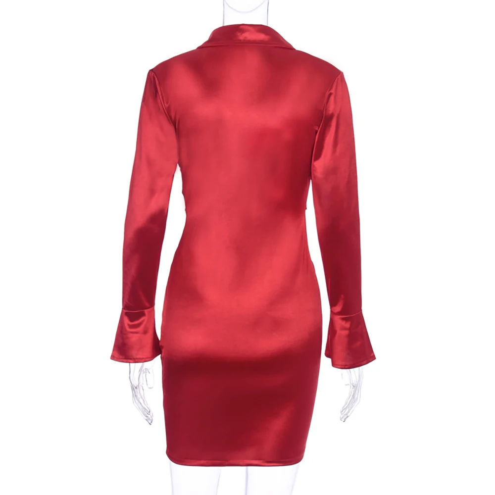 

Office Ladies Long Flare Sleeve V-Neck Sashes Pleated Mini Party Dress Bandage Sexy Bodycon Women 2020 Autumn Winter Dresses