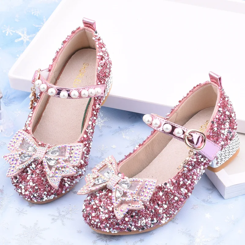 

Girl Princess Dress Shoes Genuine Leather Spring New High Heel Crystal Rhinestone Shiny Shoes Children's Party Wedding Shoes