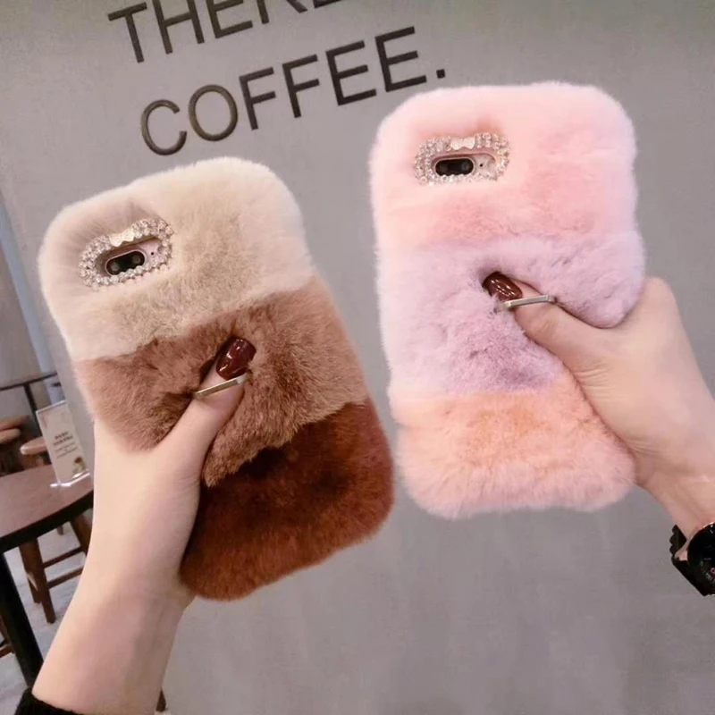 Роскошный женский теплый шерстяной чехол из кроличьей шерсти со стразами и