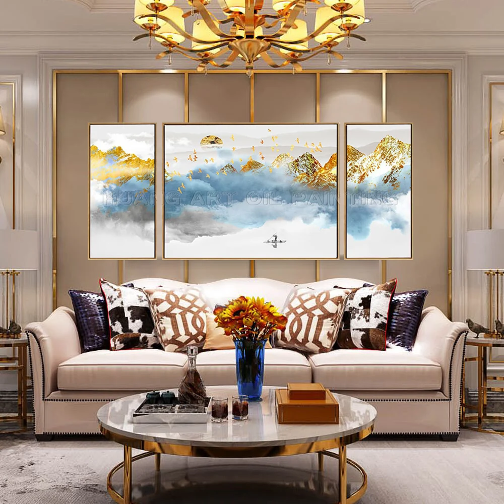 Pop Art Rich Scenery 100% Hand-Painted Chinese Ink Painting on Canvas Blue Sea of Clouds and Golden Mountain Landscape | Дом и сад