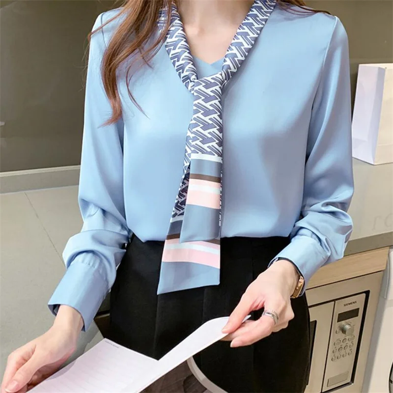 

Elegant Offce Femme Blouses Business Women Shirt Vintage Ribbon Chiffon Top Female Blusas Korean OL Loose Pullover Bow Tie Shirt