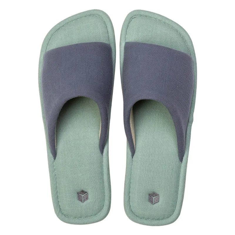 

Spring and Autumn New Lovers Home Color Lady Cotton Slippers Square Head Cloth Art Open Slipper Flat Slipper for Men and Women