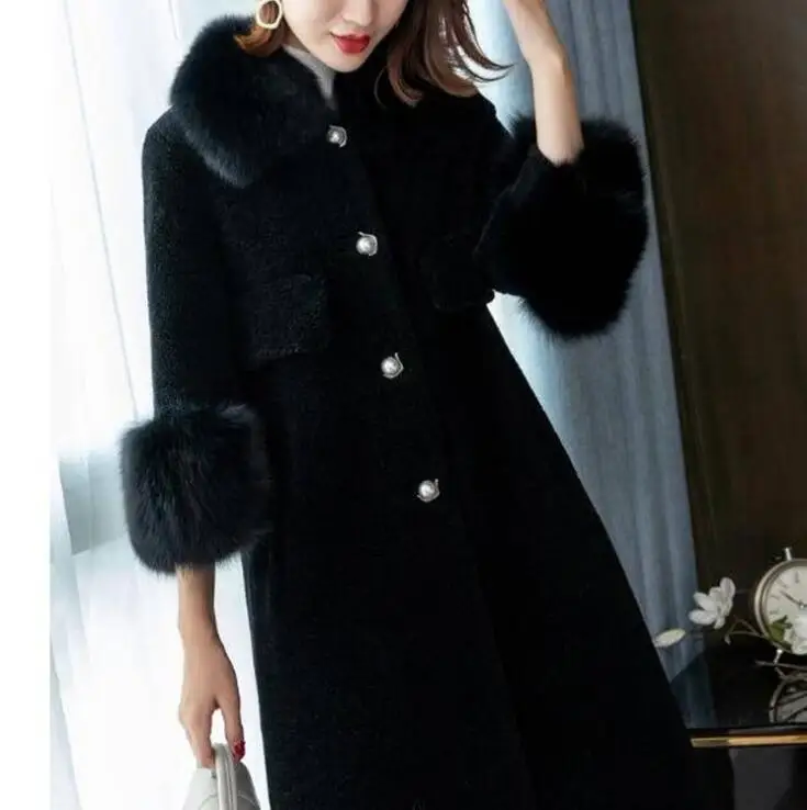 black color Элегантное модное длинное шерстяное пальто со съемным меховым воротником, шерстяное пальто и куртка, однотонные женские пальто на осень и зиму - Цвет: black color