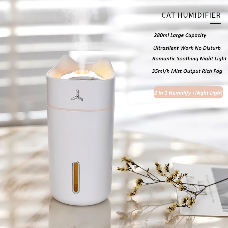 

280ml Adorable Cat Ultrasonic Air Humidifier For Car Air Purify Freshner USB Aroma Diffuser Fogger Color Lamp Humidificador