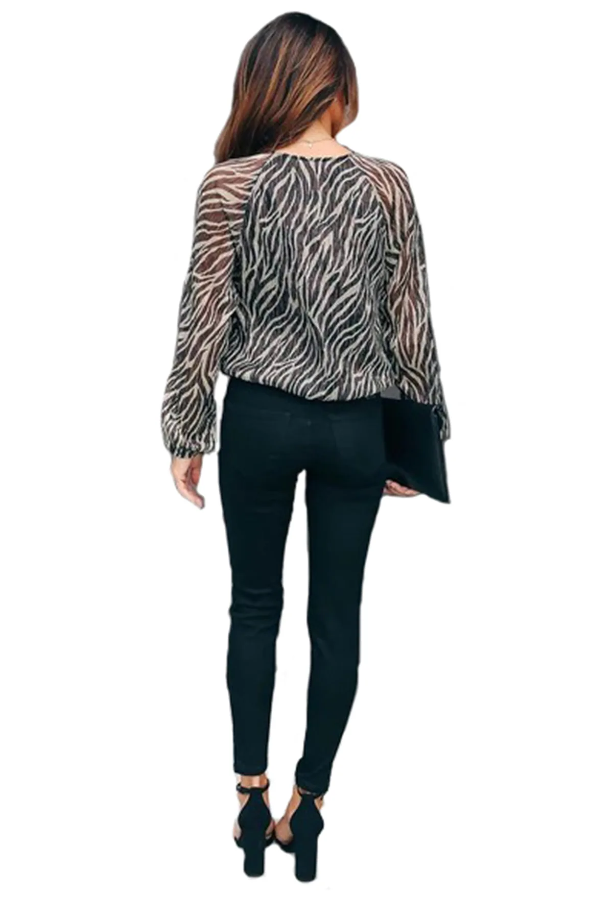 Весна и Осень Новый женский Топ с длинным рукавом Зебра принт крест v образный