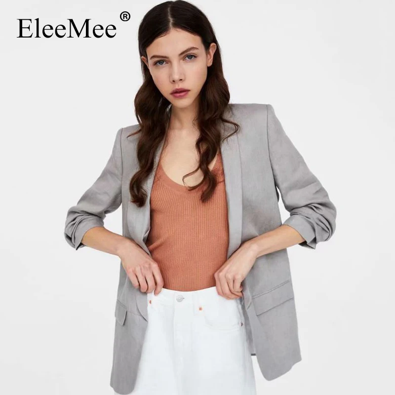 

Новинка 2021, Женский блейзер EleeMee с длинным рукавом, повседневное однотонное пальто со складками, модные лаконичные топы с индивидуальным во...