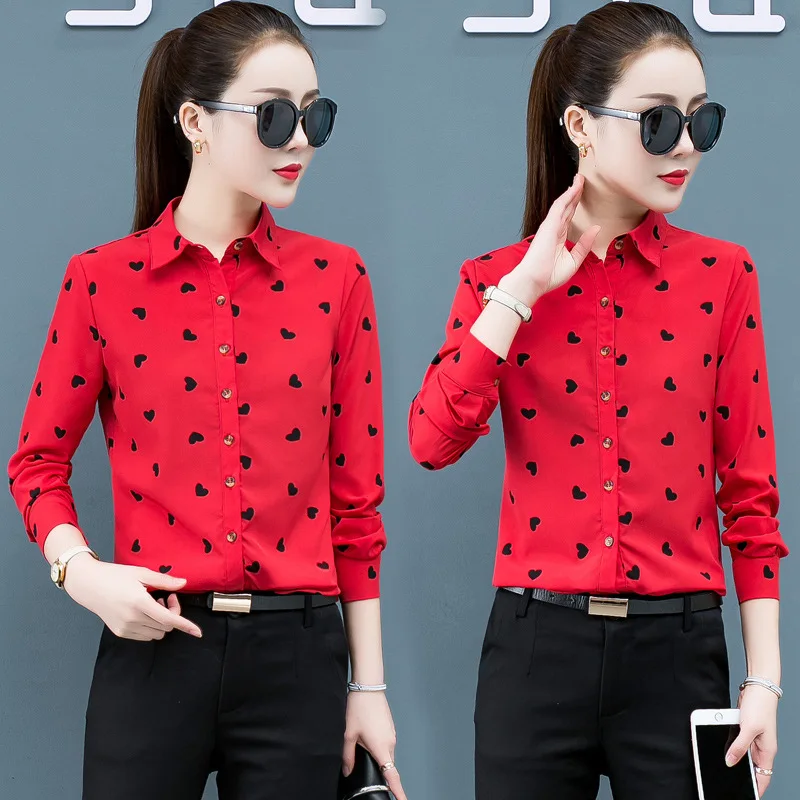 

Весна-осень, топы, новинка 2020, рубашки с принтом в виде сердца, желтая, красная, белая рубашка, женская шифоновая блузка с длинным рукавом, обл...