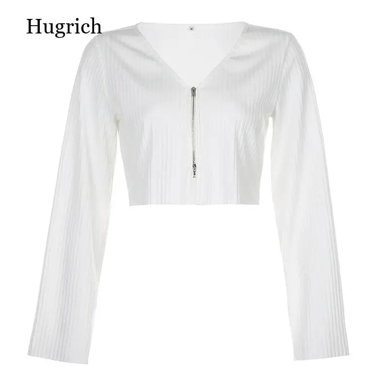 

Knitting Ribbed Double Zipper Up Women Cardigan Streetwear Long Sleeve White Sweater Casual Outwear Crop Top Outfits