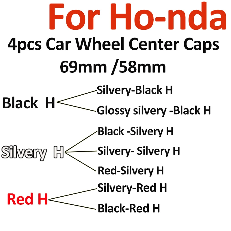 

Dust-proof 4PCS Car Logo 69mm 58mm Wheel Center Cap Covers Red/Silver/Black H Emblem For CRV CITY Fit Pilot Crossroadc