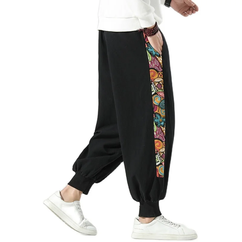 

Fashion Side Patchwork Cotton Linen Casual Harem Pants Chinese Style Spring Plus Size Joggers Men Clothing Oversized Trousers
