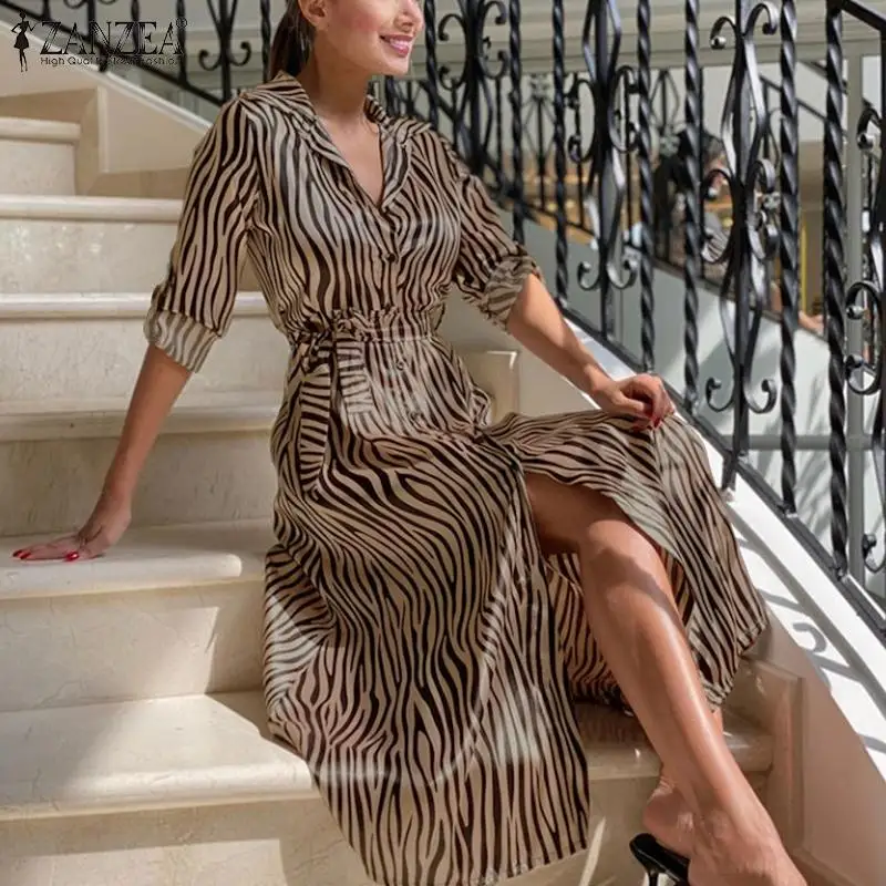 Женское платье рубашка с отложным воротником ZANZEA длинное в полоску длинными