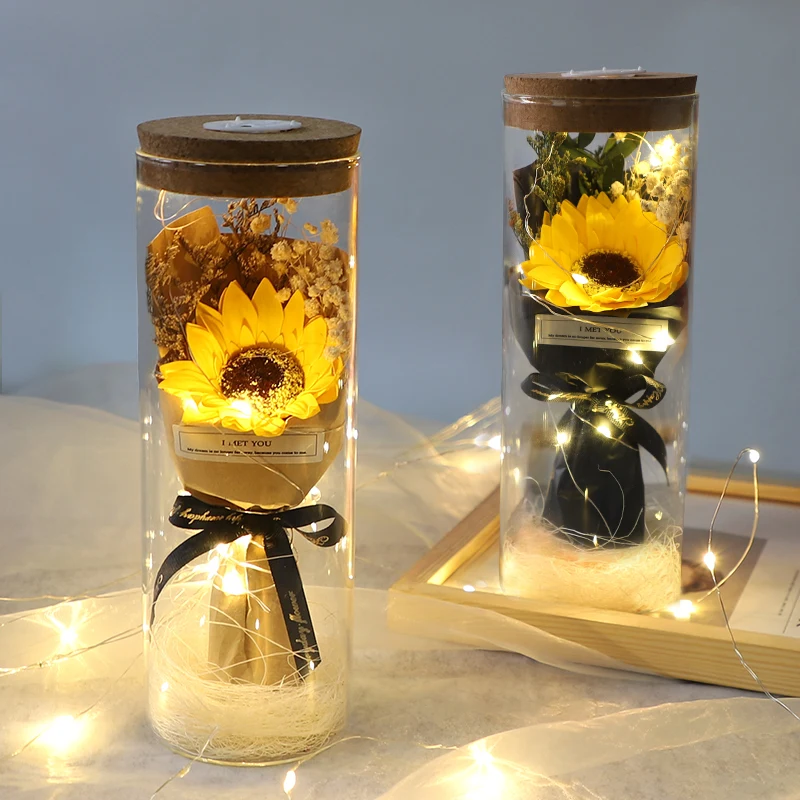 

Sky star dried flower glass cover birthday Valentine's day send girl immortal flower ornament Rose bunch sunflower gift box