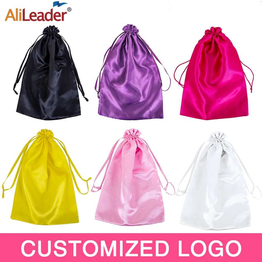 

Leeons Custom Logo Silk Satin Drawstring Jewelry Gift Bags Virgin Hair Jewelry Makeup Packaging Bag Black White Pink Yellow