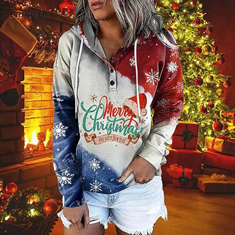 

Fashion Christmas Tree Printed Hoodies Women Autumn Winter Casual Buttoned Drawstring Hooded Tops Pullover Christmas Sweatshirts