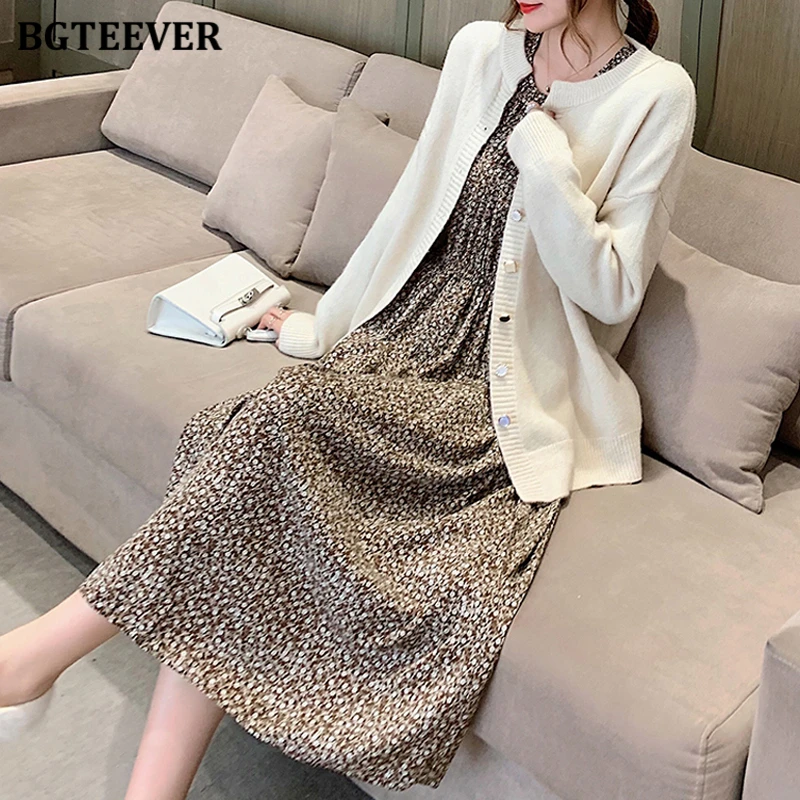 

BGTEEVER O-neck Full Sleeve Women A-line Dress 2021 Summer Slim Waist Ladies Floral Print Dress Vintage Female Long Dress