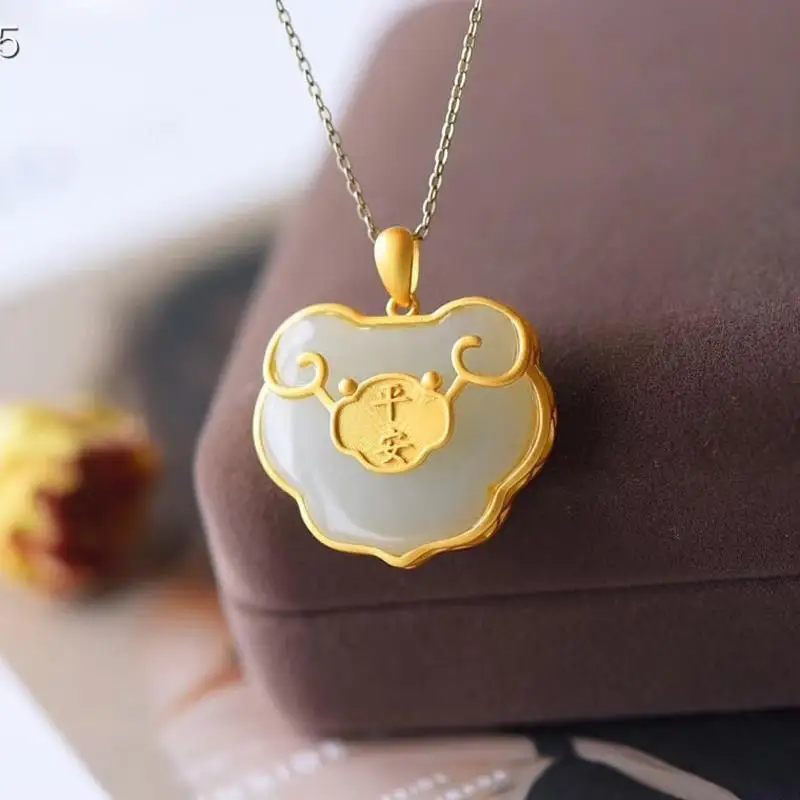 

Classic Retro Natural White Jade Hetian Jade Lock of Safeness and Luck Pendant S925 Sterling Silver Gilding Ancient Silver Craft