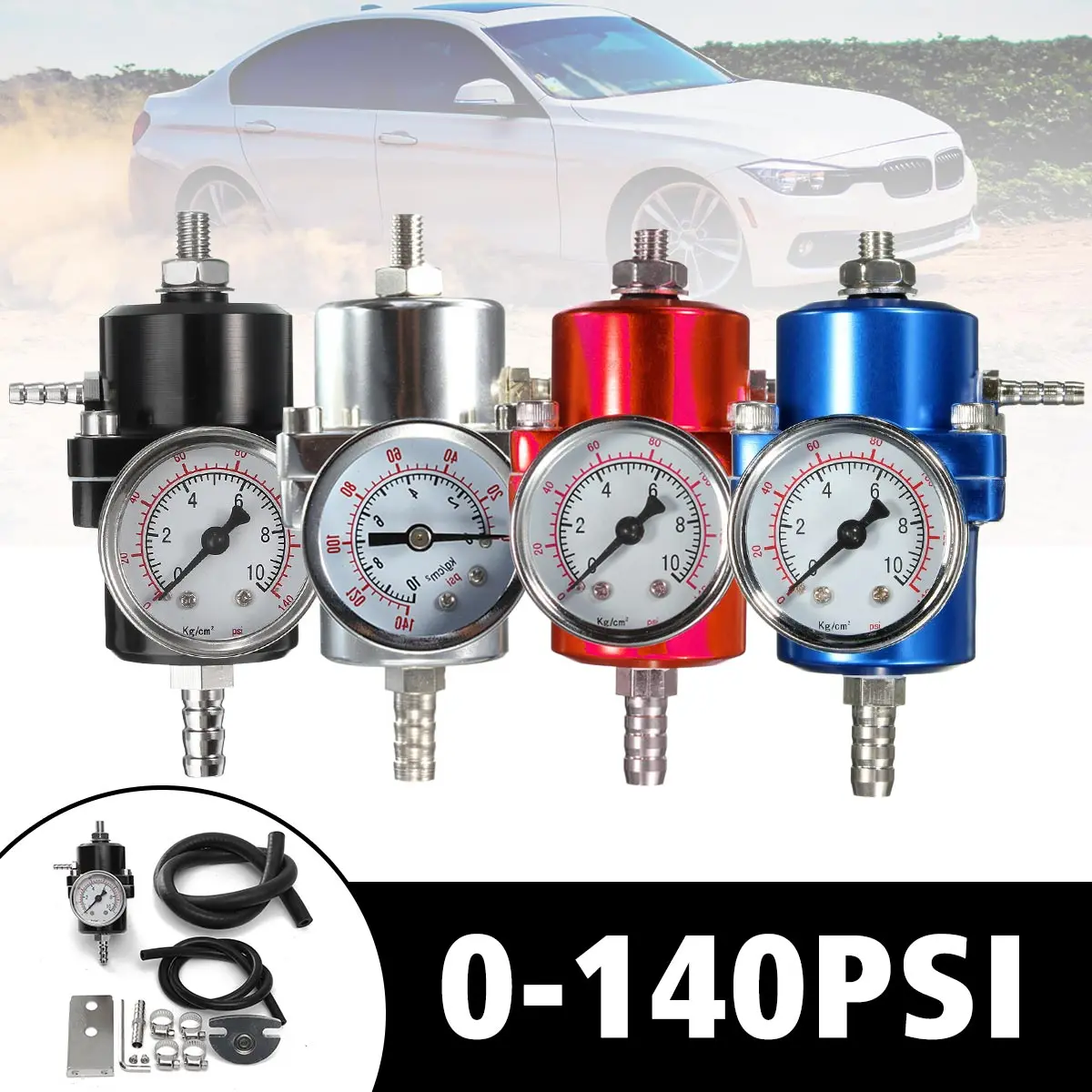 

0-140PSI Universal Car Fuel Pressure Regulator With Gauge Adjustable Oil Pressure Regulator black blue red silver