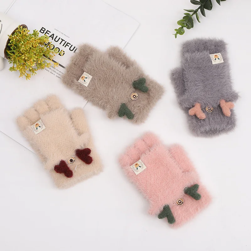 

Winter Warm Half-Finger Kintted Gloves Ladies Cute Antler Double Layer Half-Finger Clamshell Knitted Cashmere Fingerless Gloves