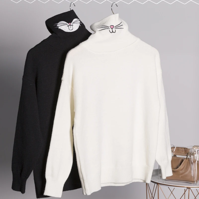 Свитер с воротником под горло милый вязаный свитер вышивкой кролика новинка