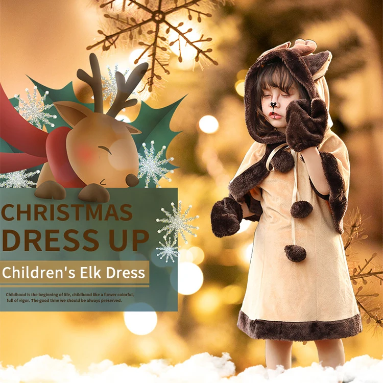 Christmas Girls Reindeer Elk Furry Anime Cosplay Hooded Dress Kids Christmas Eve Cute Warm Pajamas Party Gift for Daughter New