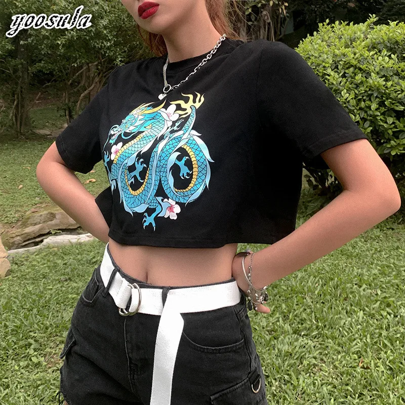 Женский хлопковый топ с принтом дракона коротким рукавом | Женская одежда
