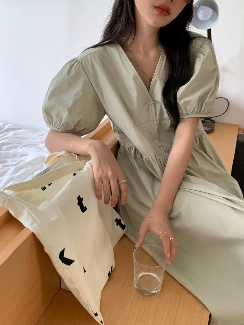 

Fashion Women's Dress 2021 Summer New Simple Pure Color V-neck Loose Waist Belt Puff Sleeve Dress for women