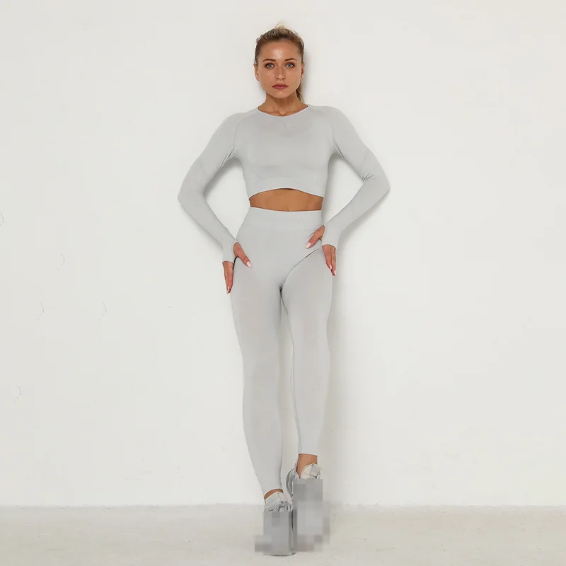

Seamless Two Sport Set for Gym Women Long Sleeve Breathable Crop Tops + Leggings High Waist Pantalones Mujer Workout Clothes