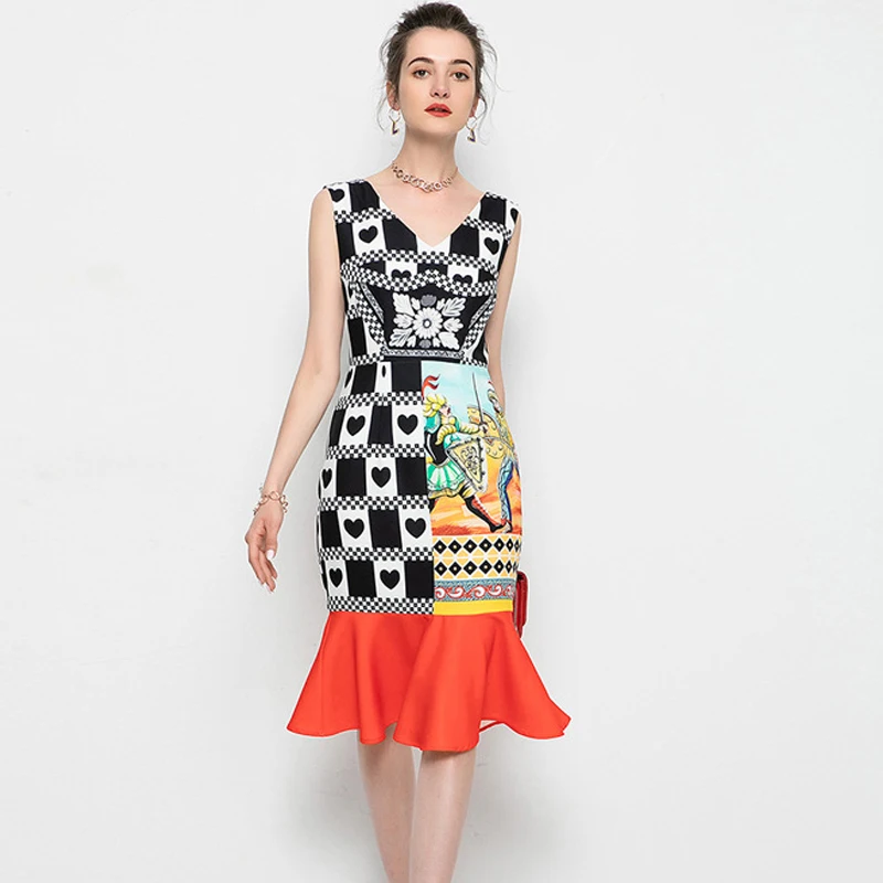 

Trumpet Runway Summer Fashion 2021 Designer Sleeveless V-Neck Heart knight Print Elegant Midi Dress