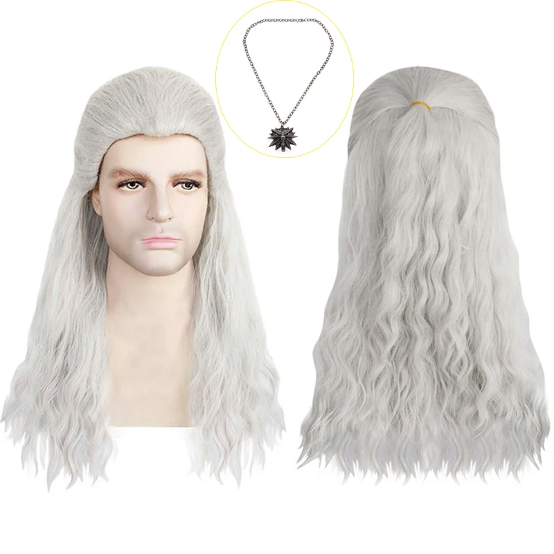 Geralt of Rivia Cosplay Wig White Slivery Straight Synthetic Hair Wigs for Men Party Novel Game Costume Halloween + Wig Cap