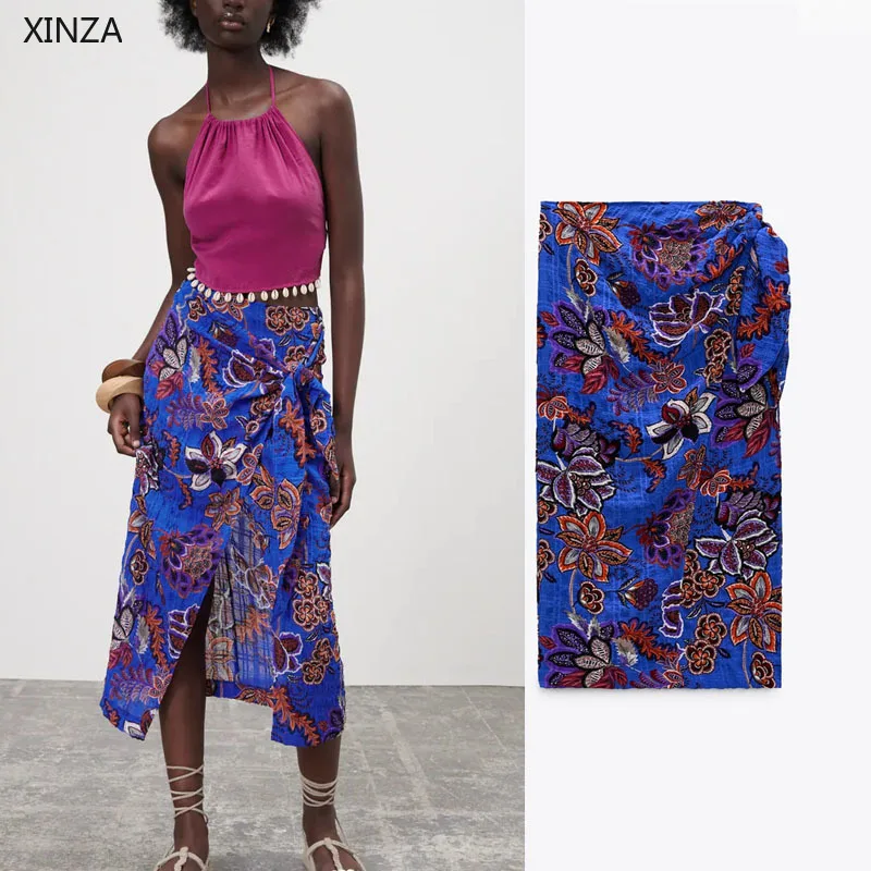 

2021 Za Women Summer High Waist Sarong Skirt Vintage Flower Print Ruching Midi Traf Skirts Woman Fashion Drapped Beach Skirt
