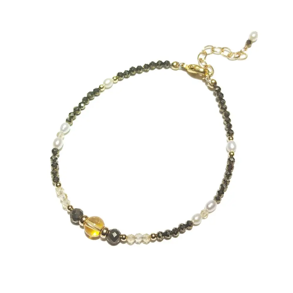 Lii Ji Pyrite Citrine Freshwater Pear Natural Stone Tiny Bracelet 14K Gold Filled Jewelry For Women Girls Gift