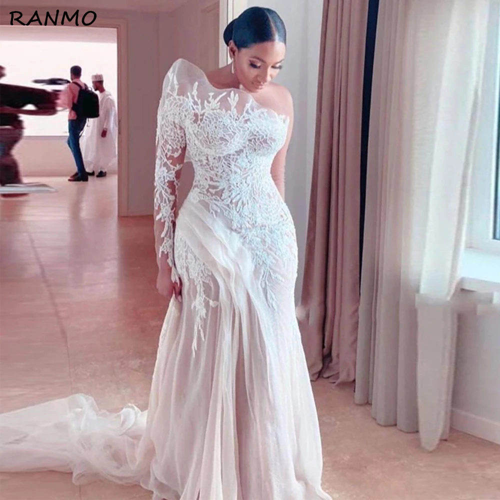 

Lace Long Sleeve Mermaid Wedding Dresses Saudi Arabia Illusion Pleat Garden Bridal Gown Floor Length Vestido De Novia
