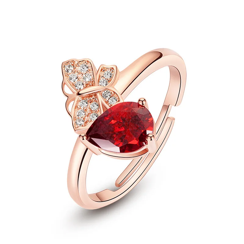 

Elegant Butterfly Red Ruby Ring For Women Red Gemstone AAA Zircon Diamond Finger Ring Copper Rose Gold Color Fine Jewelry Gift