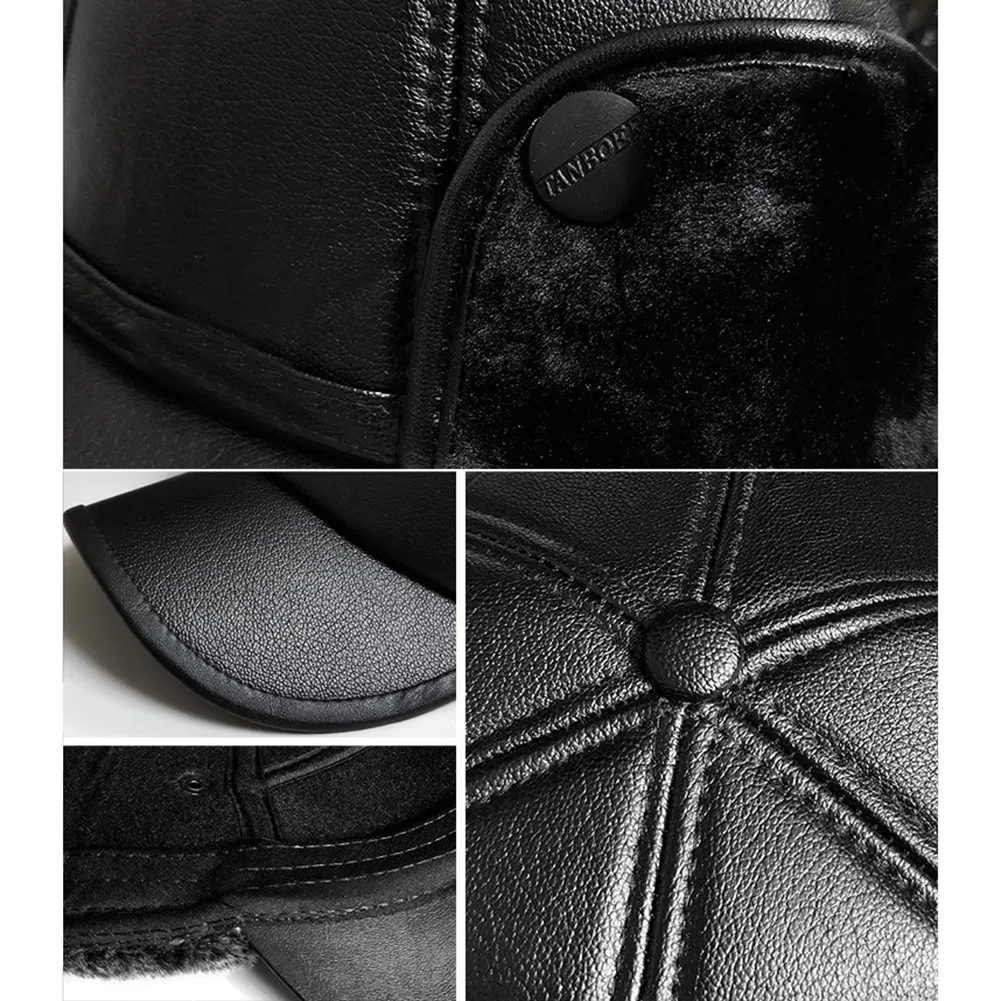 

Men Baseball Cap PU Leather Plush Warm Winter Outdoor Sports Earflap Hunting Hat d88