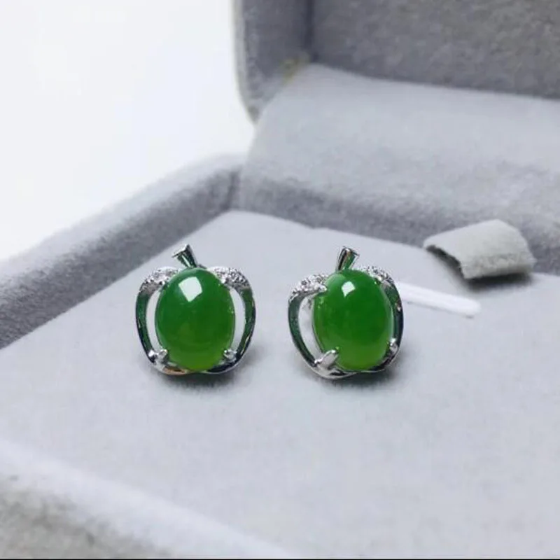 

Natural Hetian Jade Jasper Emerald Apple Shaped Earrings Inlaid Zircon
