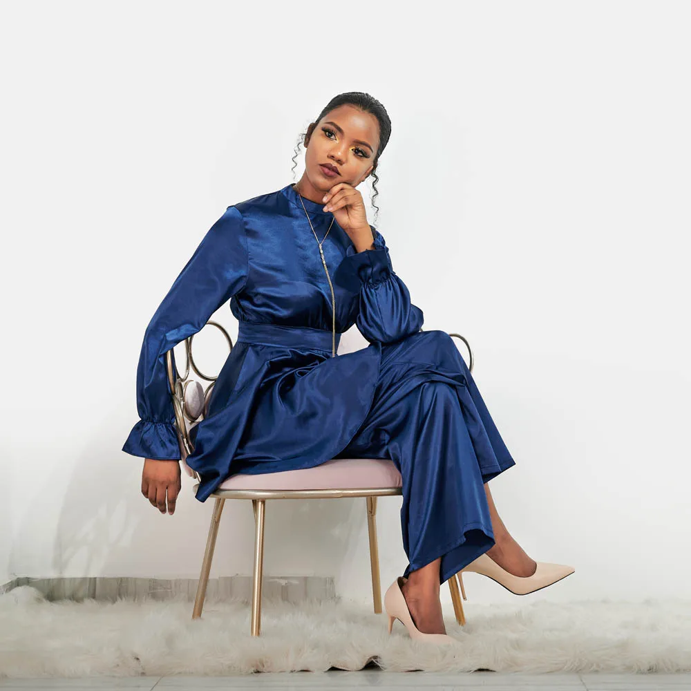 

Women 2pcs Set Long Tops+Pants Wide Leg Casual Fashion Muslim Abaya Faux Silk Arab Dubai Turkish Dress Islamic Middle East Suit