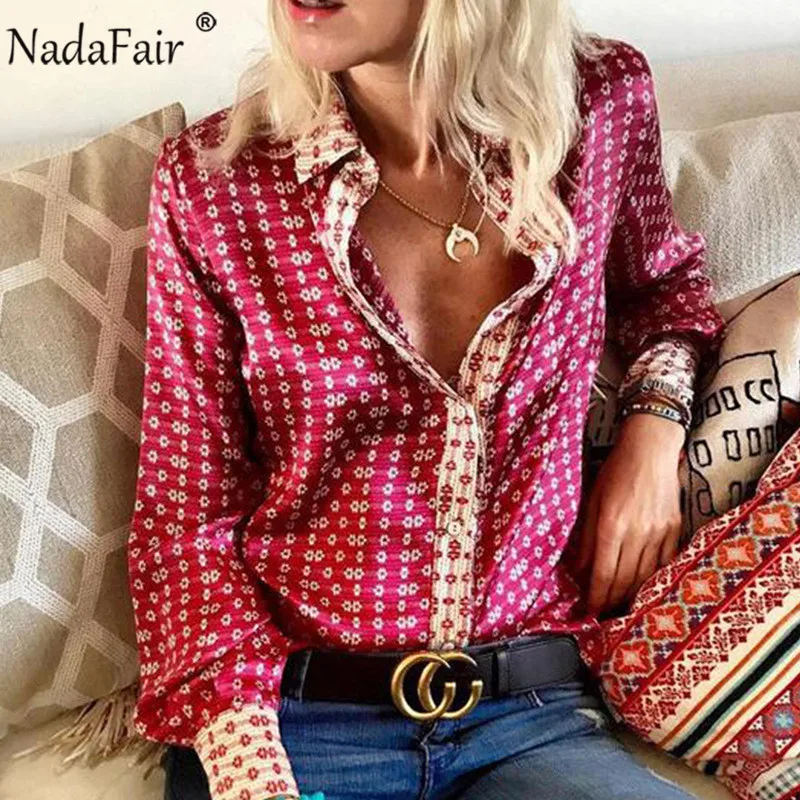Женская атласная блузка Nadafair винтажная с цветочным принтом повседневные топы
