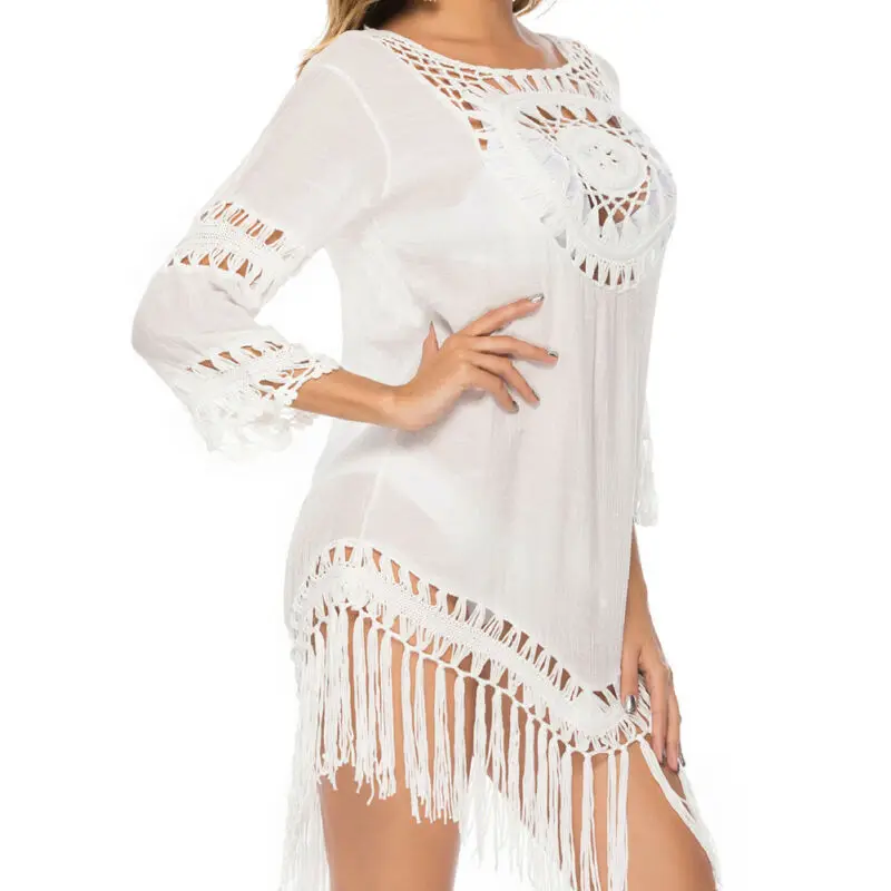 

Plus Size Women Bikini Swimwear Solid Hollow Loose Cover Up Summer Lace Crochet Beachwear Loose Blouse Beach Dress Bathing Suit