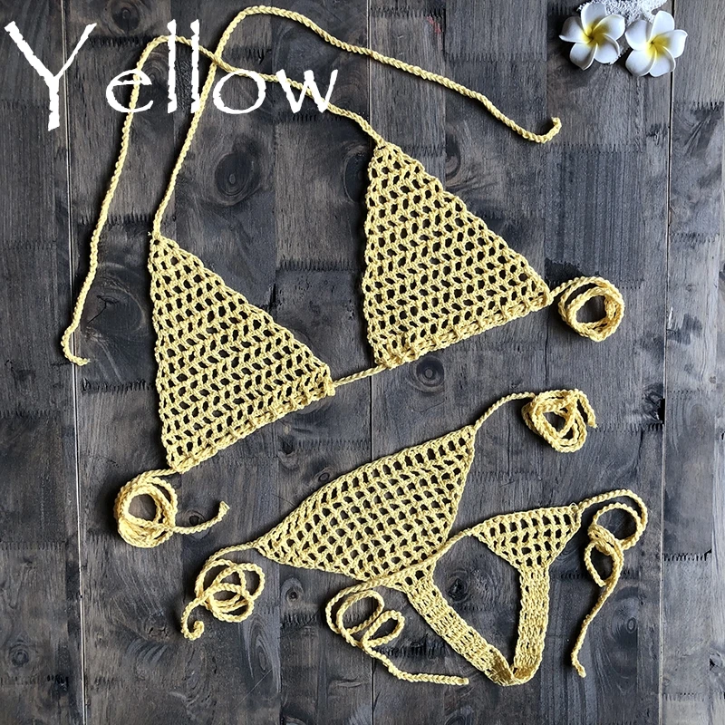 Yellow Новинка, ручная работа, вязанное крючком микро бикини, стринги, пляжные микро купальники, сексуальное нижнее белье, наборы, горячая распродажа - Цвет: Yellow
