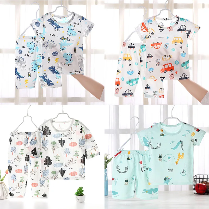 

Children Summer Pajama Clothing Set Baby Boy Cartoon Thin Tracksuits Kids Girl Slub Cotton Short Sleeve Tops Tee Pants Suit 2021