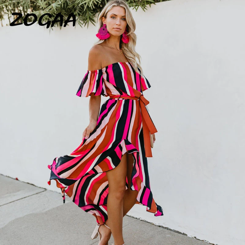 Женское платье в полоску ZOGAA повседневное Пляжное Платье макси с открытыми