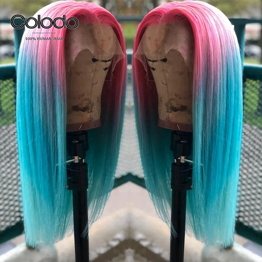 Pink Ombre Blue COLODO Glueless 613 парик фронта шнурка 13X4 Омбре человеческих волос парик remy волос бразильские предварительно сорванные синие прямые парики для черных женщин - Цвет: Pink Ombre Blue