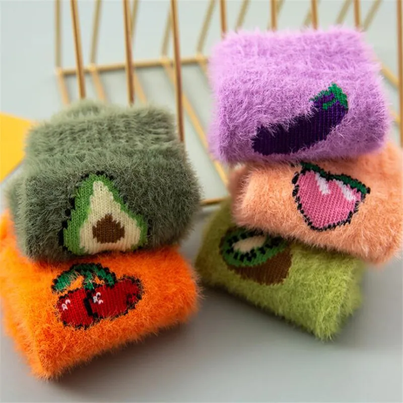 

New arrival women funny party socks autumn-winter fruit plush coral fleece socks women's girls warm sleeping floor sleep sock