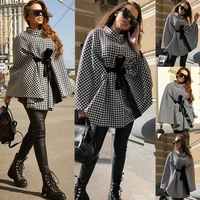 cloak women elegant long sleeve pullover fashion houndstooth ladies cape coat sashes high street casual oversized autumn winter