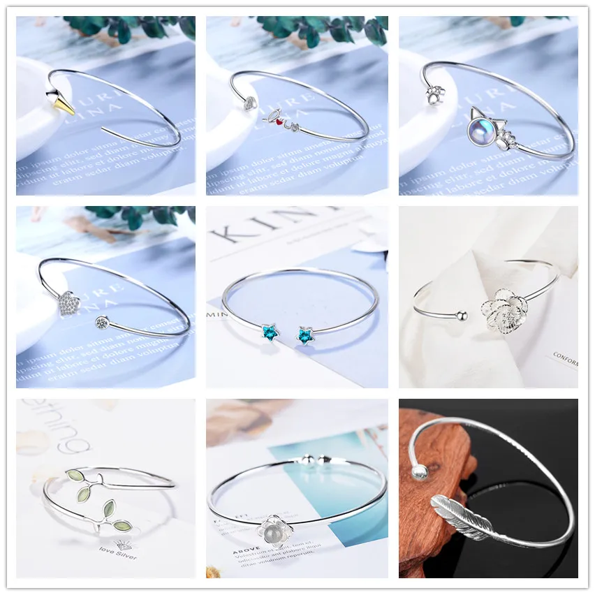 Silver Color Bird Cat Branch Flower Feather Leaf Bracelet Bangle Women Cuff Adjustable Copper Wedding Fashion Jewelry Gifts